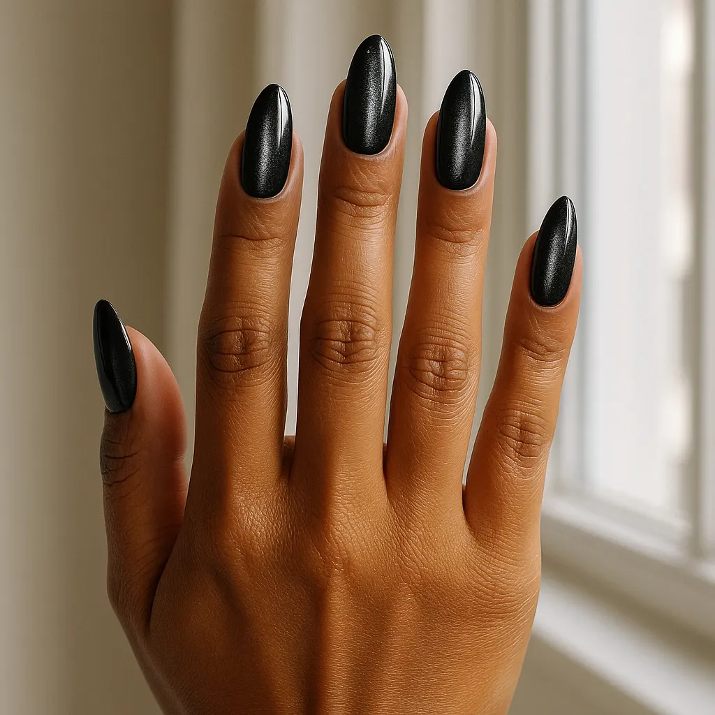 Long almond nails in black cat eye gel with a soft silver shimmer down the centre, on warm tan skin by a bright window.