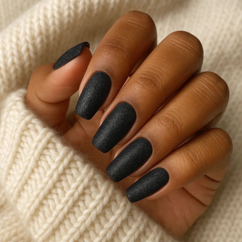 Medium coffin nails in black velvet with a fine sparkle, on morena skin tucked into a cream knit sweater.