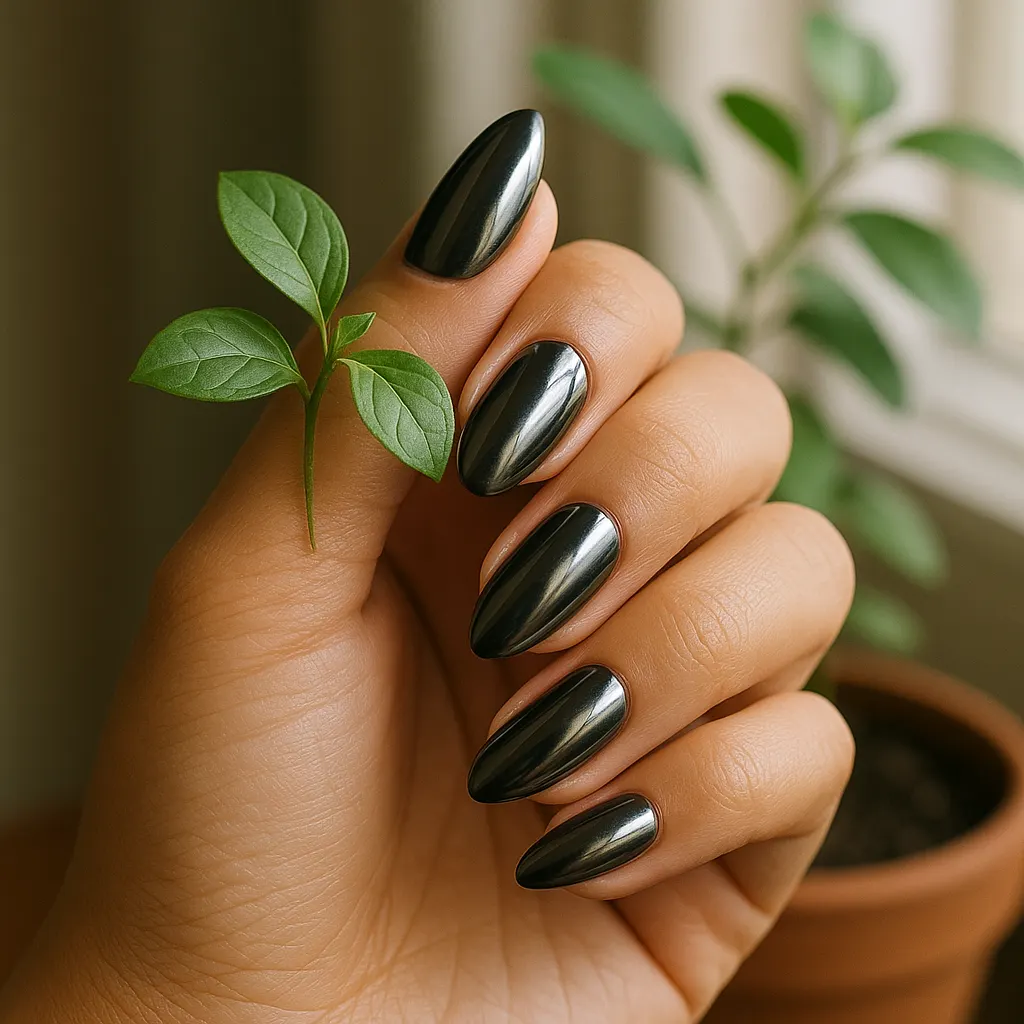 Medium almond nails in mirror black chrome on light tan skin, the hand holding a small green sprig.