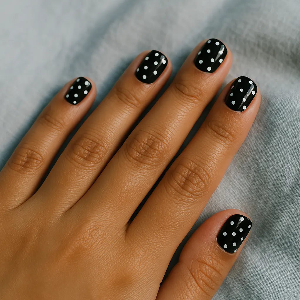 Short square nails in glossy black with small white polka dots, on warm tan skin over pale blue cloth.