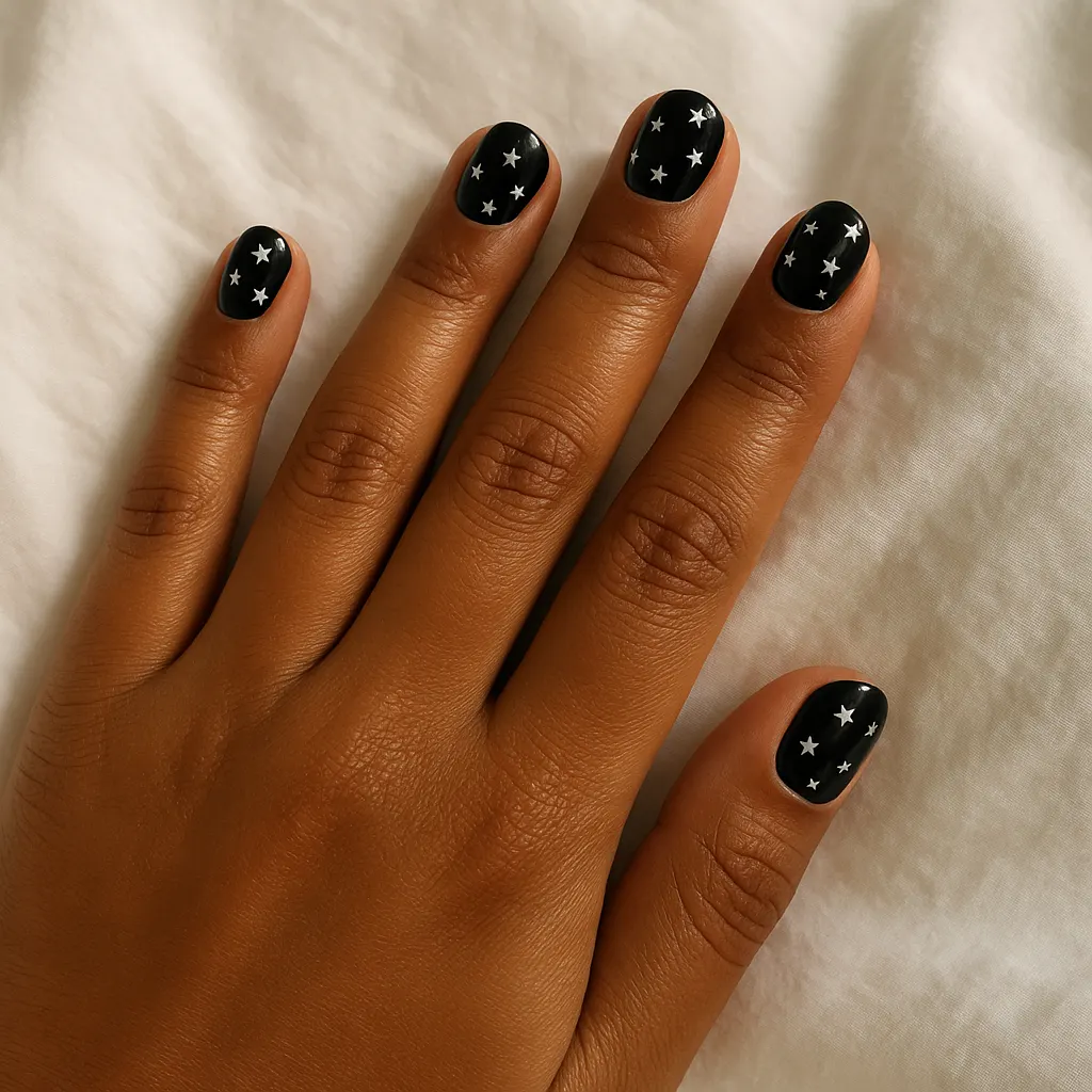 Short round nails in glossy black with tiny silver stars on each, on morena skin over a white sheet.
