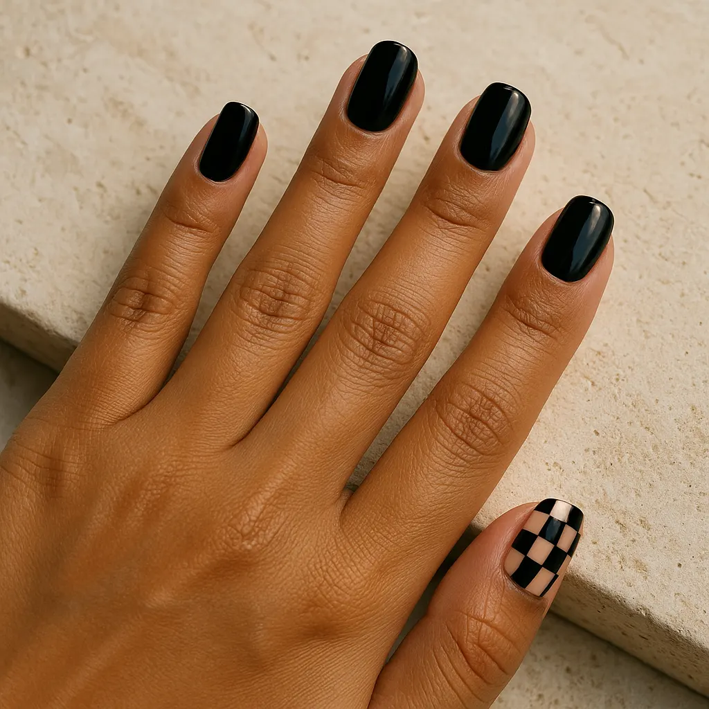Short squoval nails in glossy black with a black and nude checkerboard accent on the thumb, on warm tan skin against pale stone.