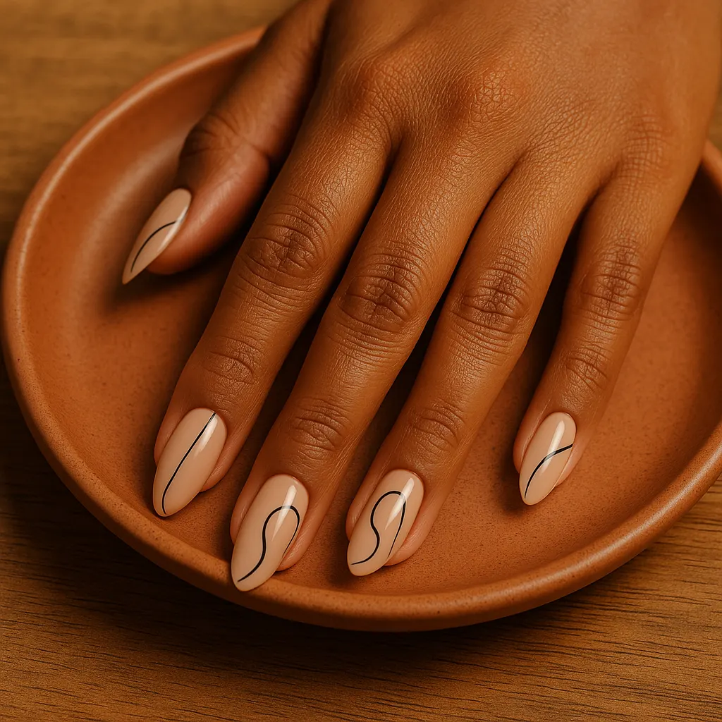 Medium almond nails in glossy nude with thin black freehand lines, on deep brown kayumanggi skin over a terracotta dish.