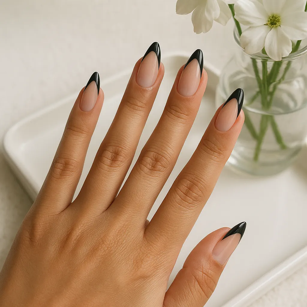 Long almond nails with a sheer nude base and deep V black French tips, on light mestiza skin beside a white tray and flowers.