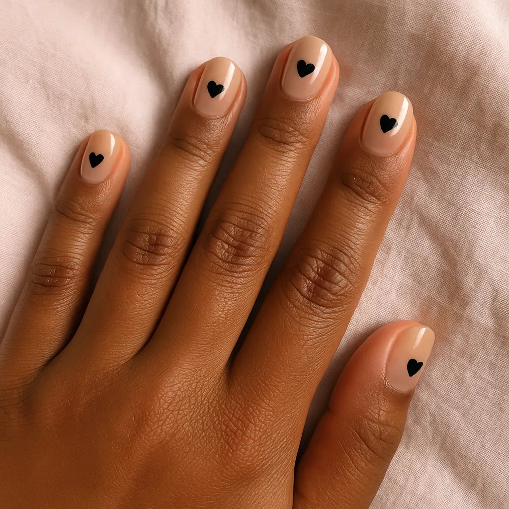 Short round nails in sheer glossy nude with a small black heart on each, on morena skin over a pale pink blanket.