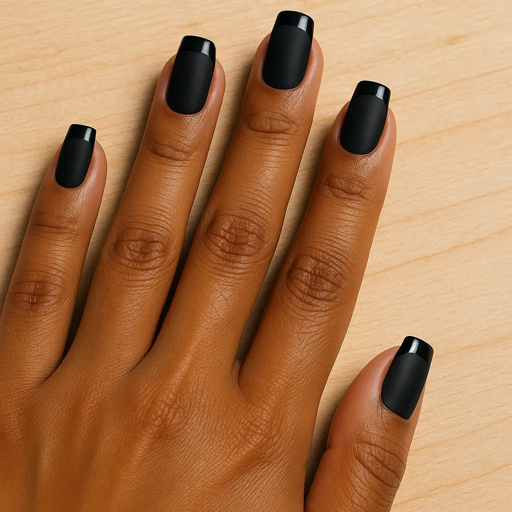 Medium square nails in matte black with glossy black French tips, on warm tan skin against light wood.