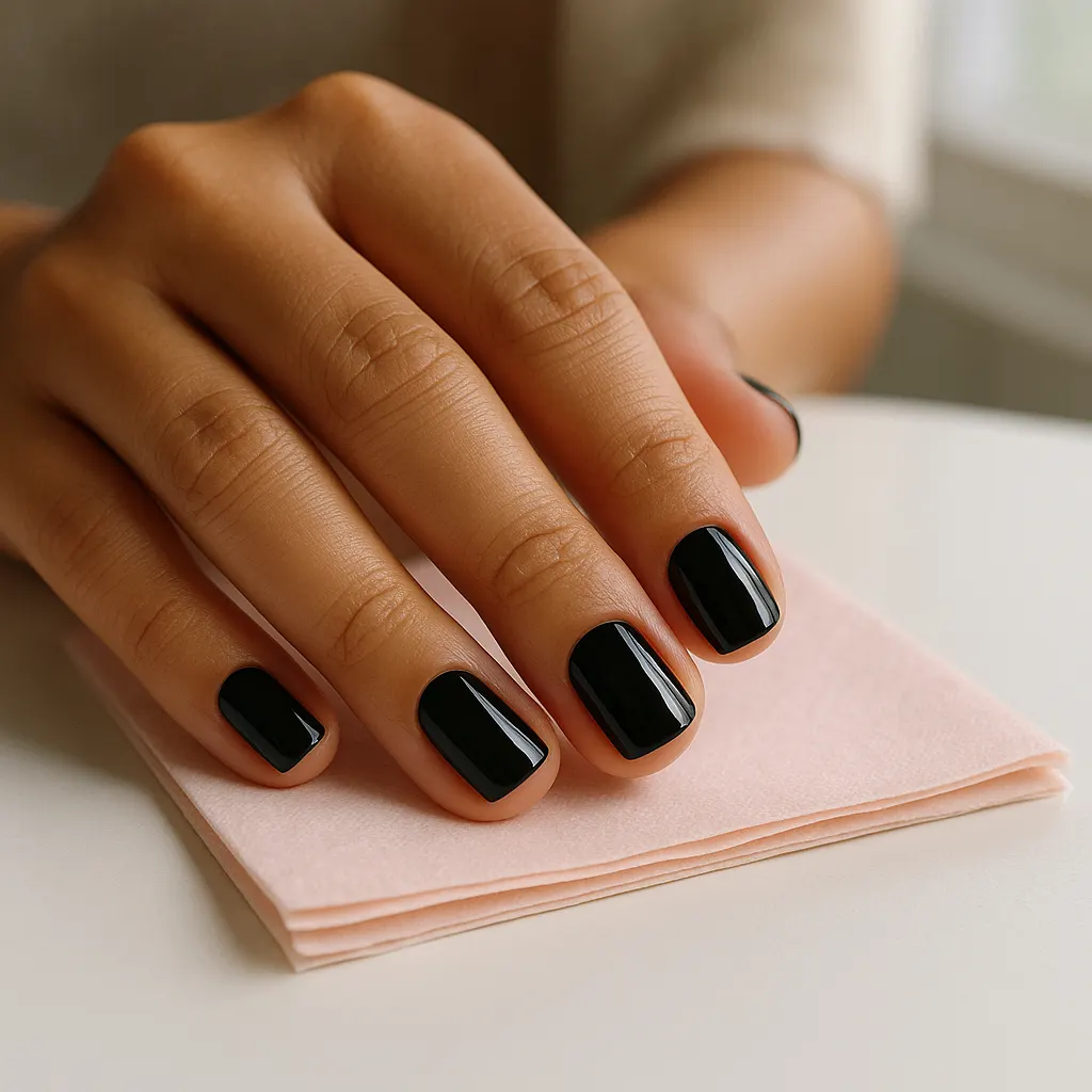 Short square nails in high gloss black on light tan skin, the hand resting on a folded pink napkin.