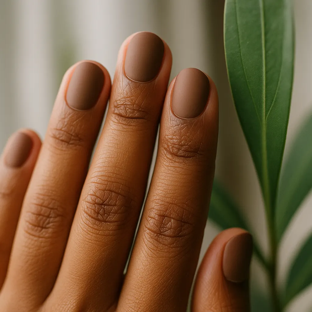 Short round nails in matte cocoa brown on medium brown skin, the fingers raised beside a green plant leaf.