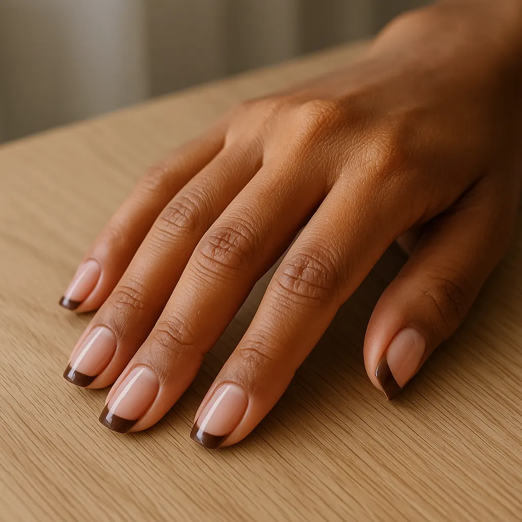 Short square nails with a sheer pink nude base and thin chocolate brown French tips on warm tan skin, hand flat on a light oak table.