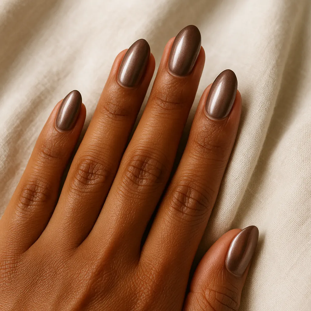 Medium almond nails in mocha brown with a pearly brown chrome sheen on morena skin, hand resting on cream linen.