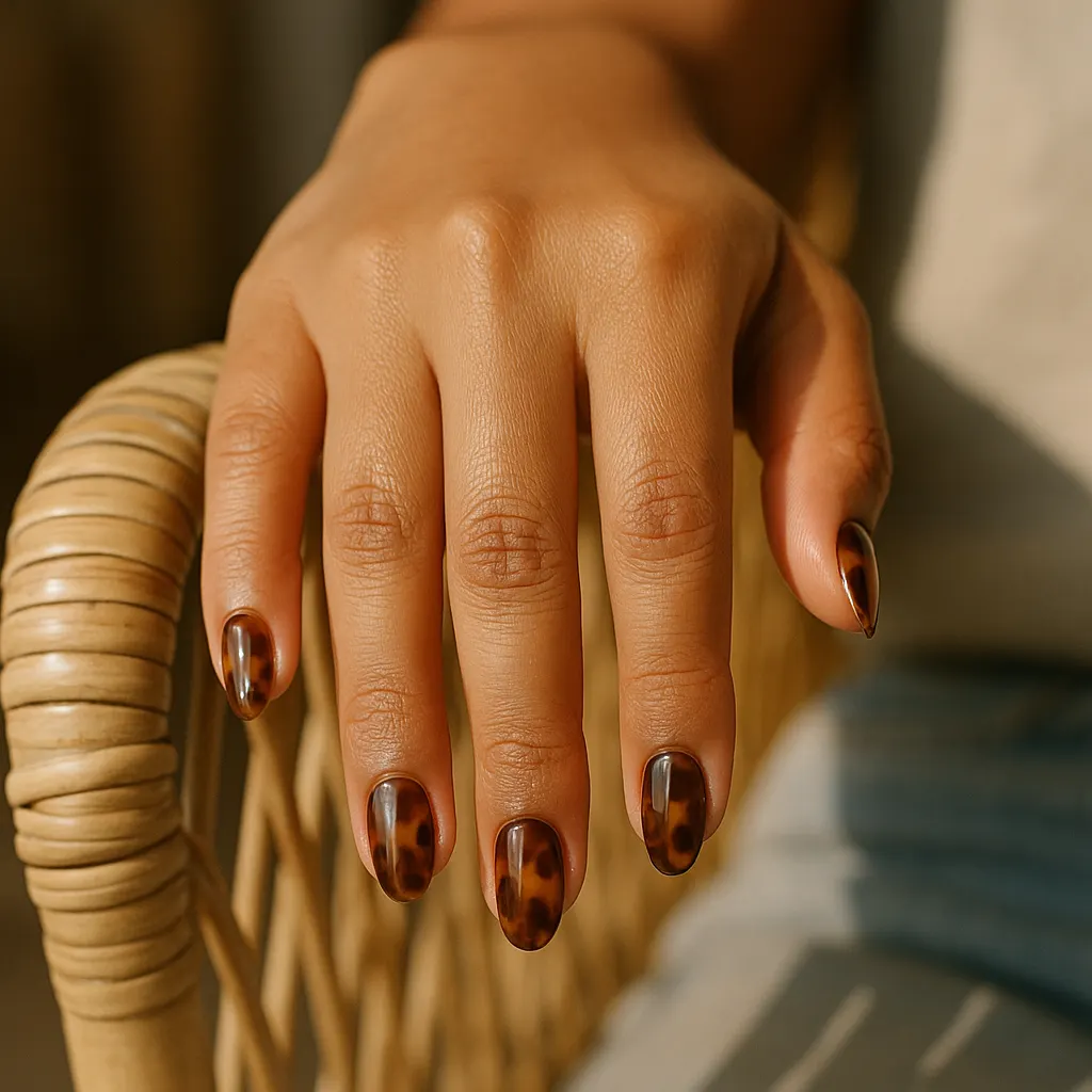 Short oval nails in glossy amber and dark brown tortoiseshell on light tan skin, hand draped over a rattan chair arm.