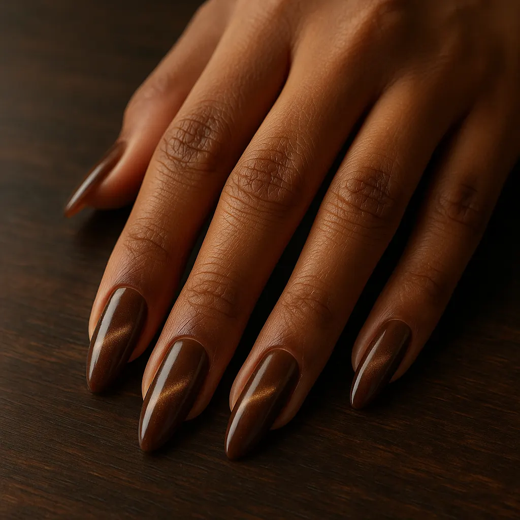 Long almond nails in chocolate brown cat eye gel with a golden shimmer band on deep kayumanggi skin, hand on a dark wooden table.