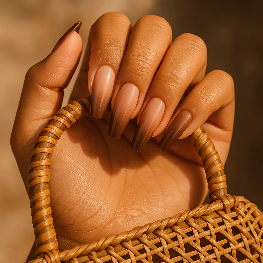 Long coffin nails fading from soft nude at the base to chocolate brown at the tips on morena skin, hand gripping a woven rattan bag handle.