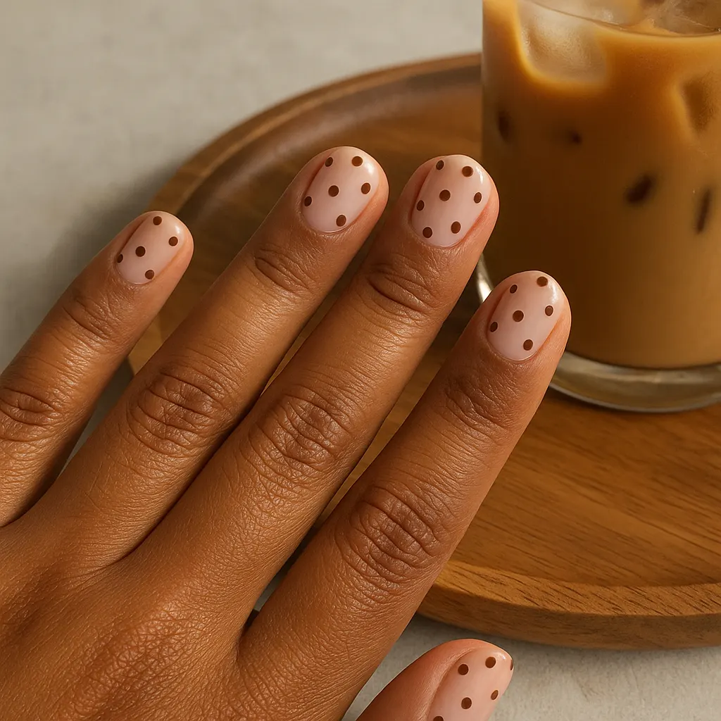 Short round nails with small chocolate brown polka dots on a milky nude base on morena skin, hand beside a glass of iced coffee.