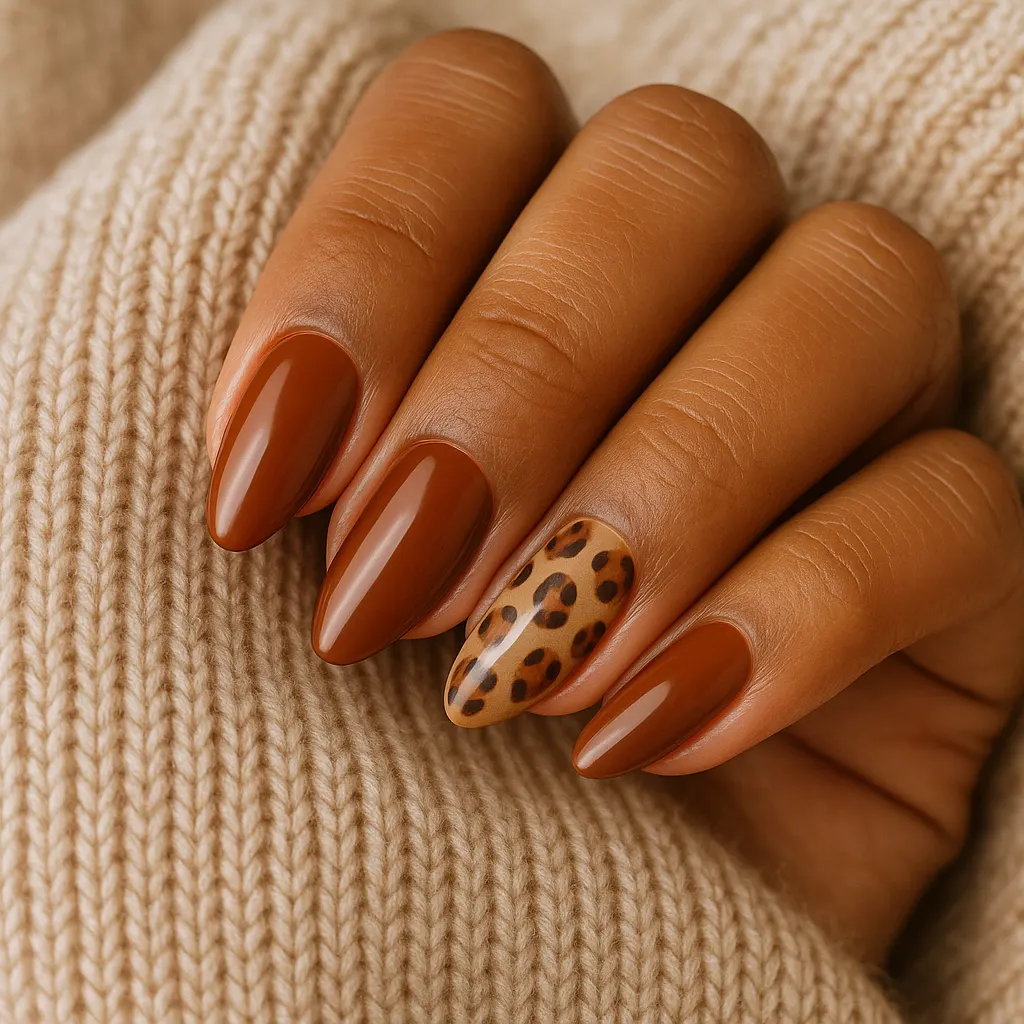 Medium almond nails in glossy cinnamon brown with a leopard print accent nail on warm tan skin, fingers curled into a beige knit sweater.