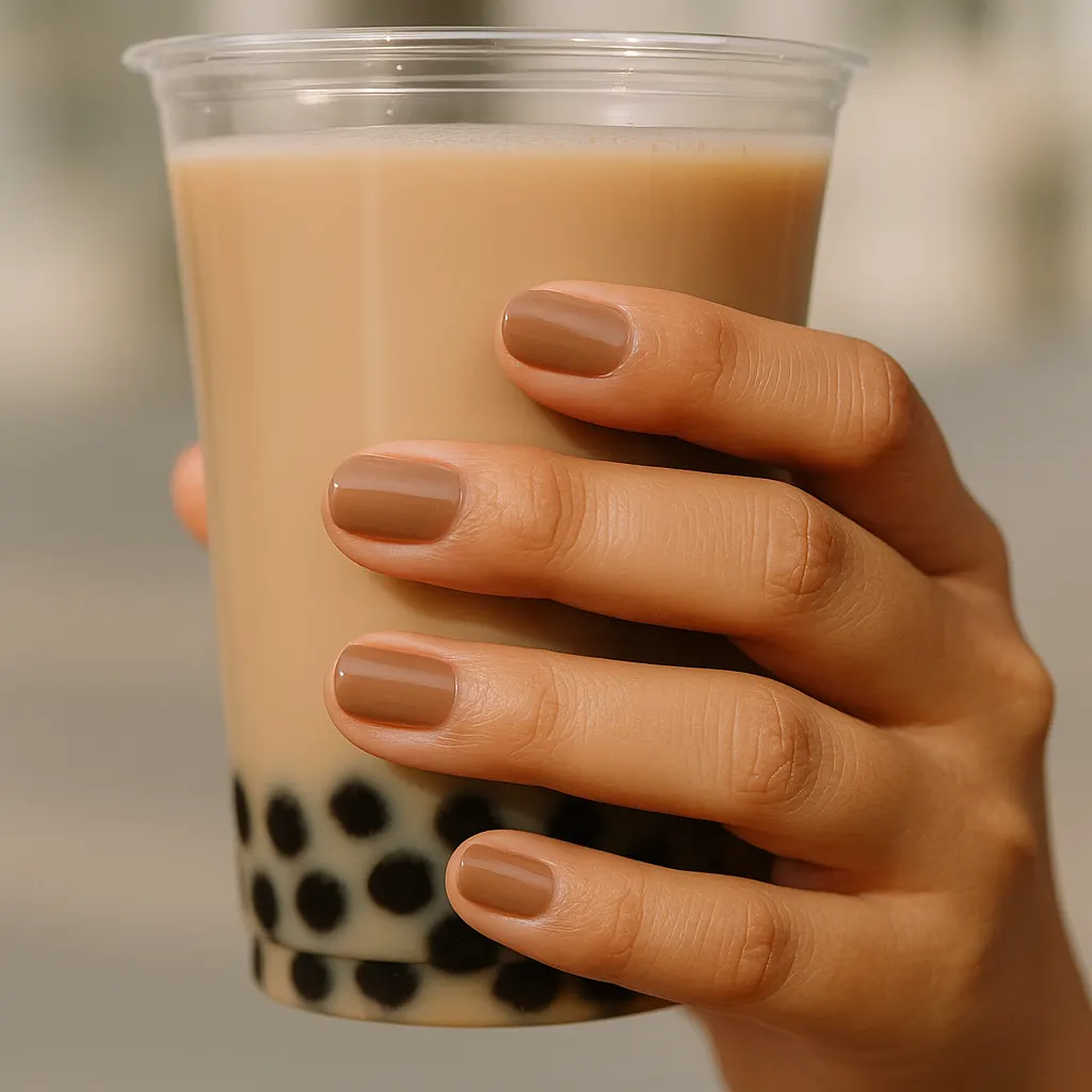 Short squoval nails in glossy milk tea beige brown on light mestiza skin, hand holding a cup of milk tea with tapioca pearls.