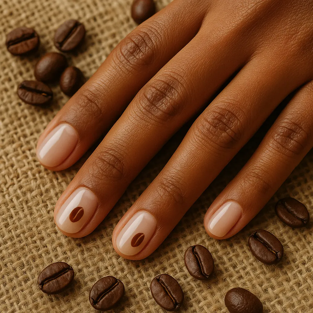 Short oval nails in sheer milky nude with a tiny brown coffee bean painted on two nails on morena skin, hand on burlap among roasted coffee beans.