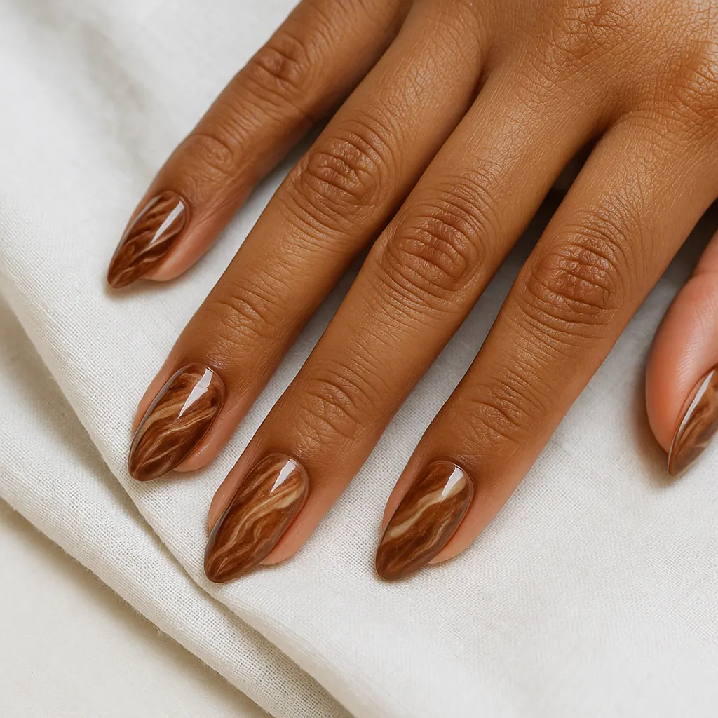 Medium almond nails in glossy brown marble with chocolate and caramel veins on morena skin, hand resting on white linen.