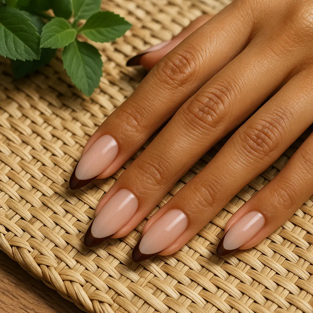 Long almond nails with a sheer nude base and thin chocolate brown French tips on warm tan skin, hand on a woven rattan placemat beside green leaves.