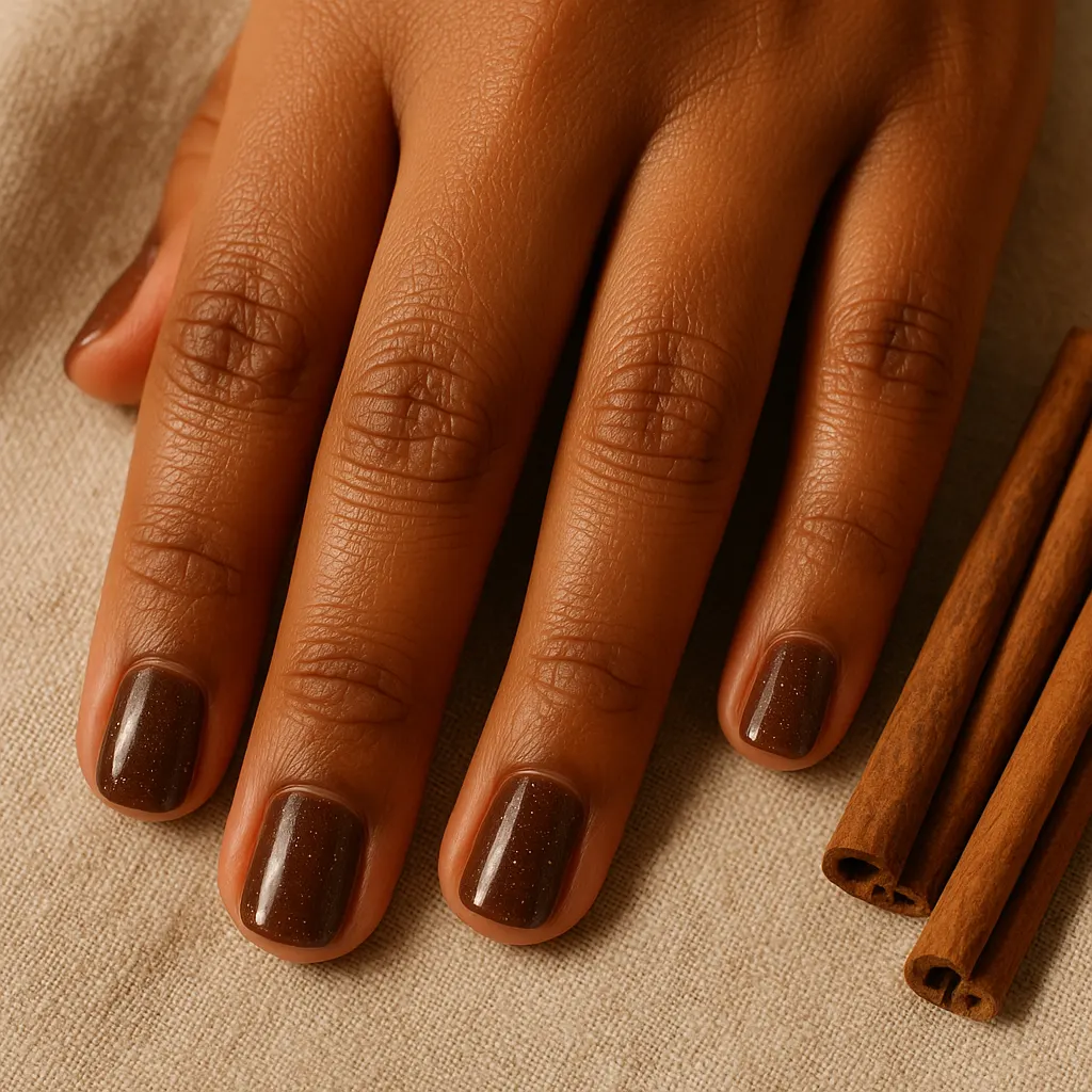 Short squoval nails in glossy chocolate brown with fine gold flecks on morena skin, hand on beige linen beside cinnamon sticks.