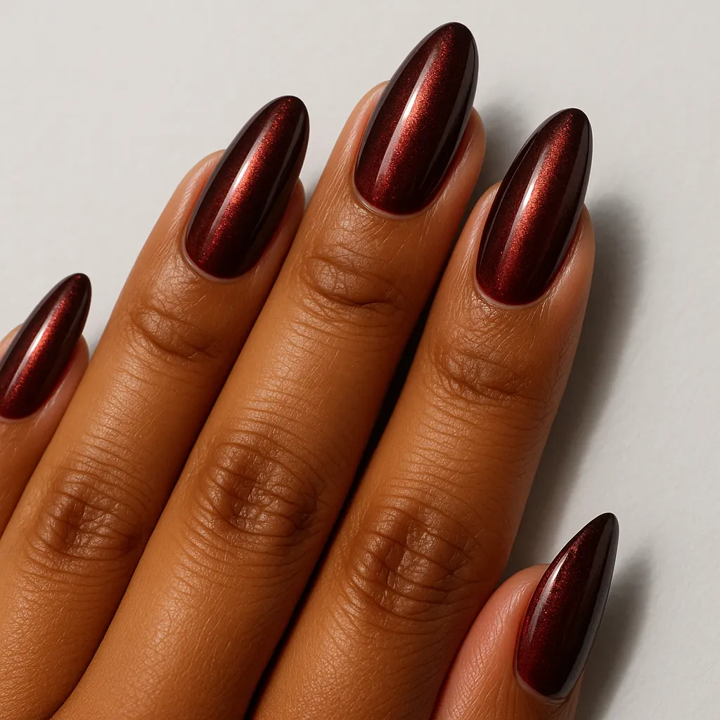Long almond nails in a dark burgundy cat eye gel, a bright band down the centre of each, on morena skin against a light grey background.