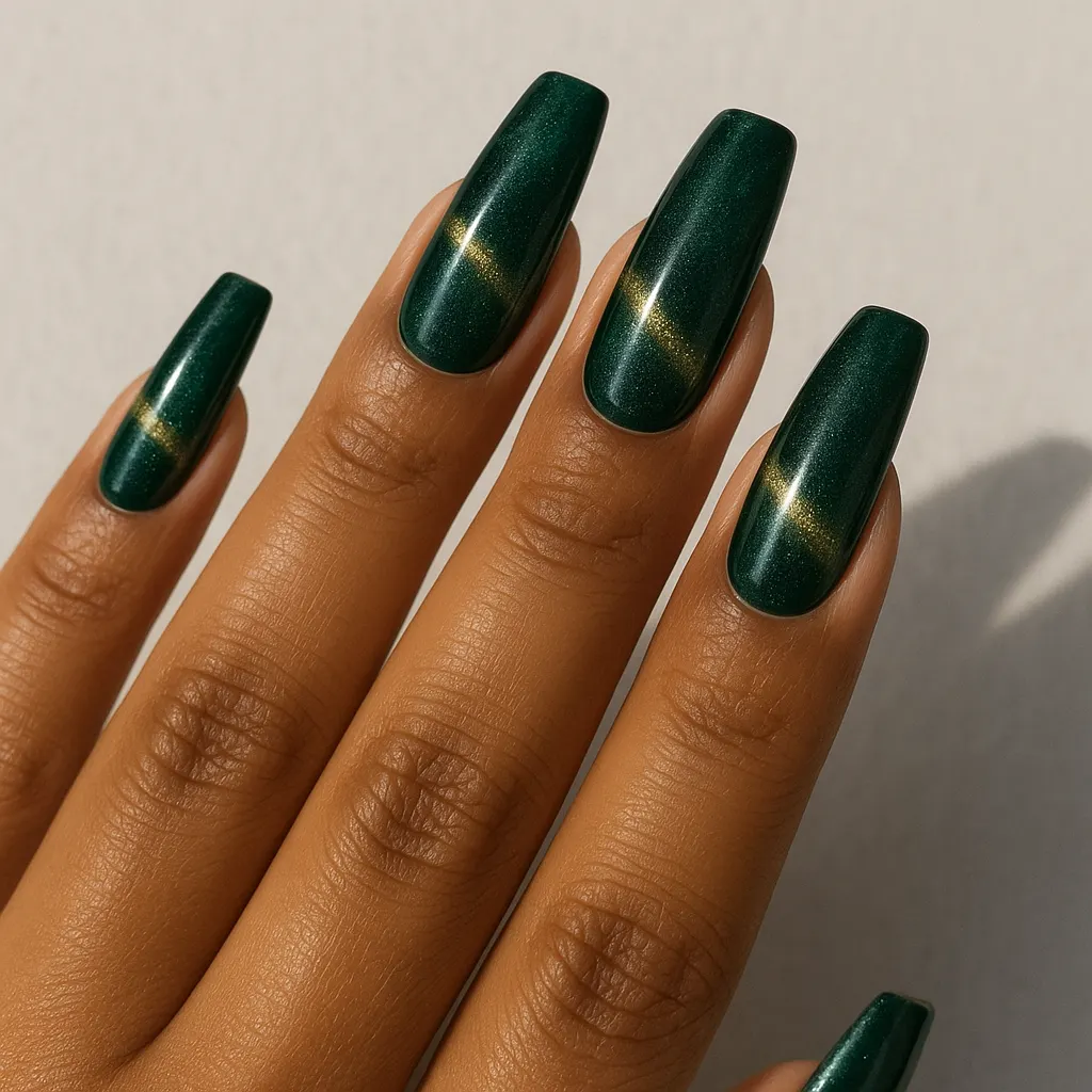 Long coffin nails in a deep emerald cat eye gel with a gold band, on kayumanggi skin against a light grey background.