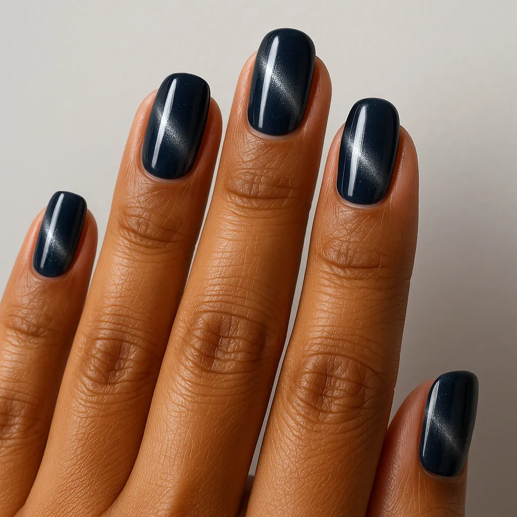 Medium squoval nails in a navy cat eye gel with a pale silver band, on kayumanggi skin against a light grey background.