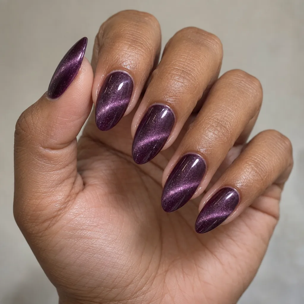 Long almond nails in a dark plum cat eye gel with a pink band, on medium brown skin.
