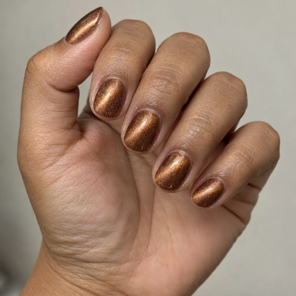 Short round nails in a warm bronze cat eye gel, on tan skin.