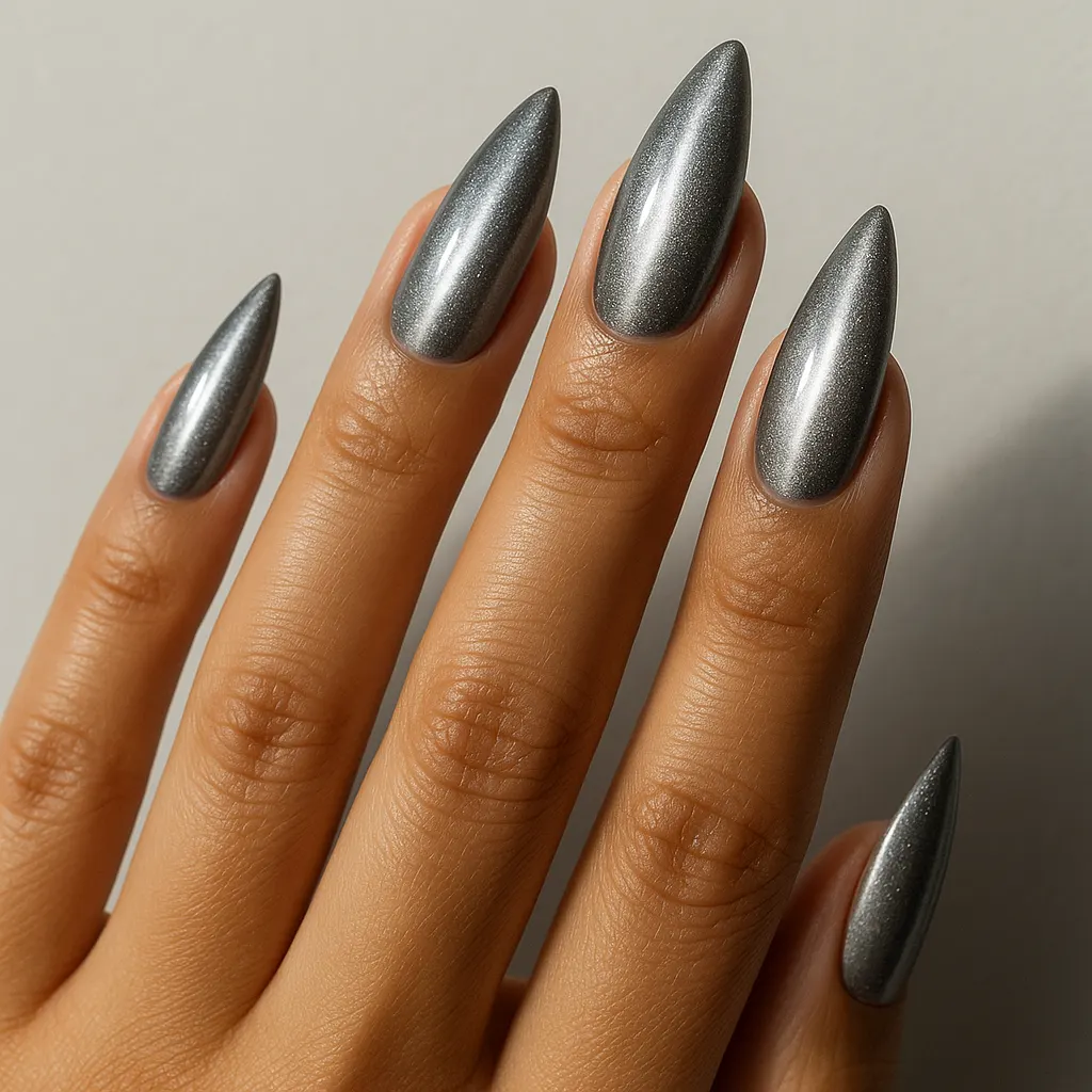 Long stiletto nails in a pewter silver cat eye gel with a bright white band, on warm tan skin against a light grey background.
