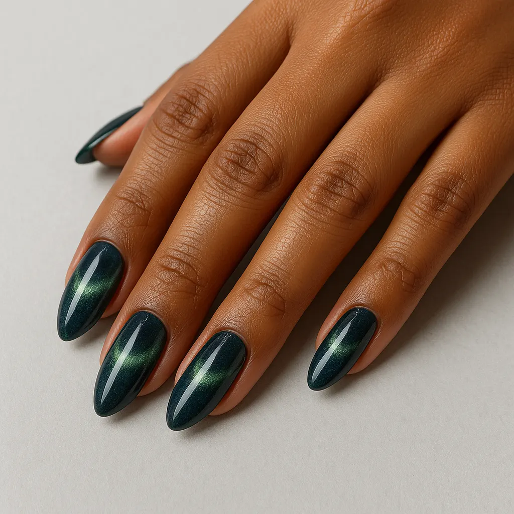 Medium almond nails in a dark teal cat eye gel with a green band, on kayumanggi skin against a light grey background.