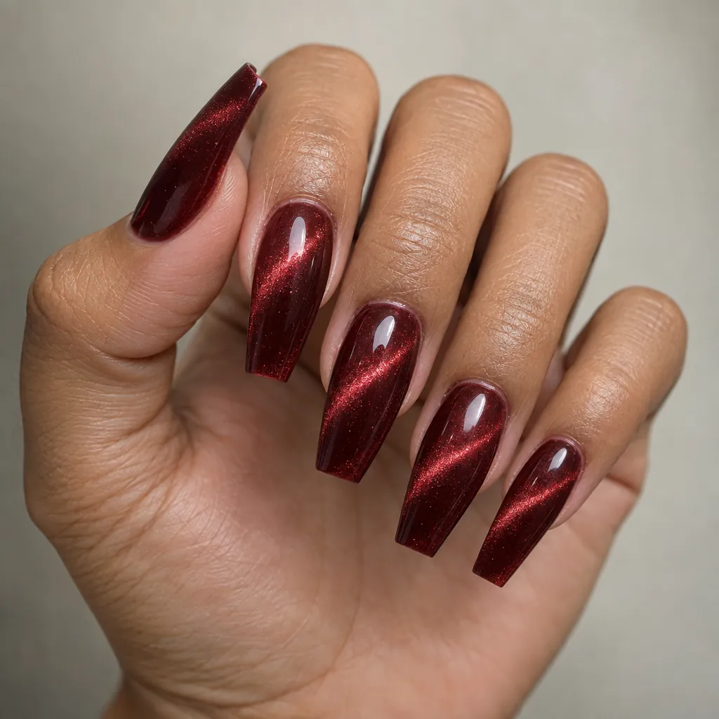 Long coffin nails in a wine red cat eye gel with the band running diagonally across each nail, on tan skin.