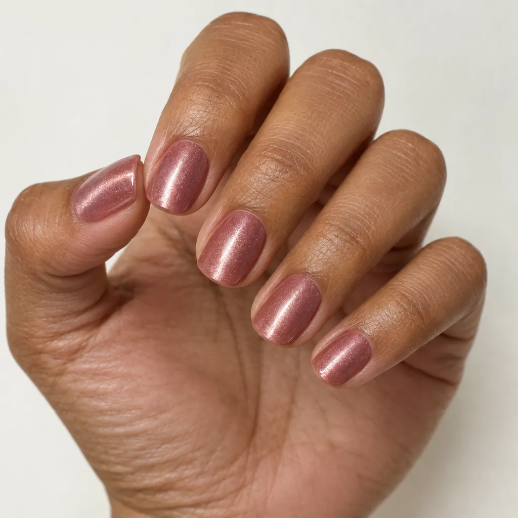 Short squoval nails in a dusty rose cat eye gel with a soft shimmer band, on warm brown skin.