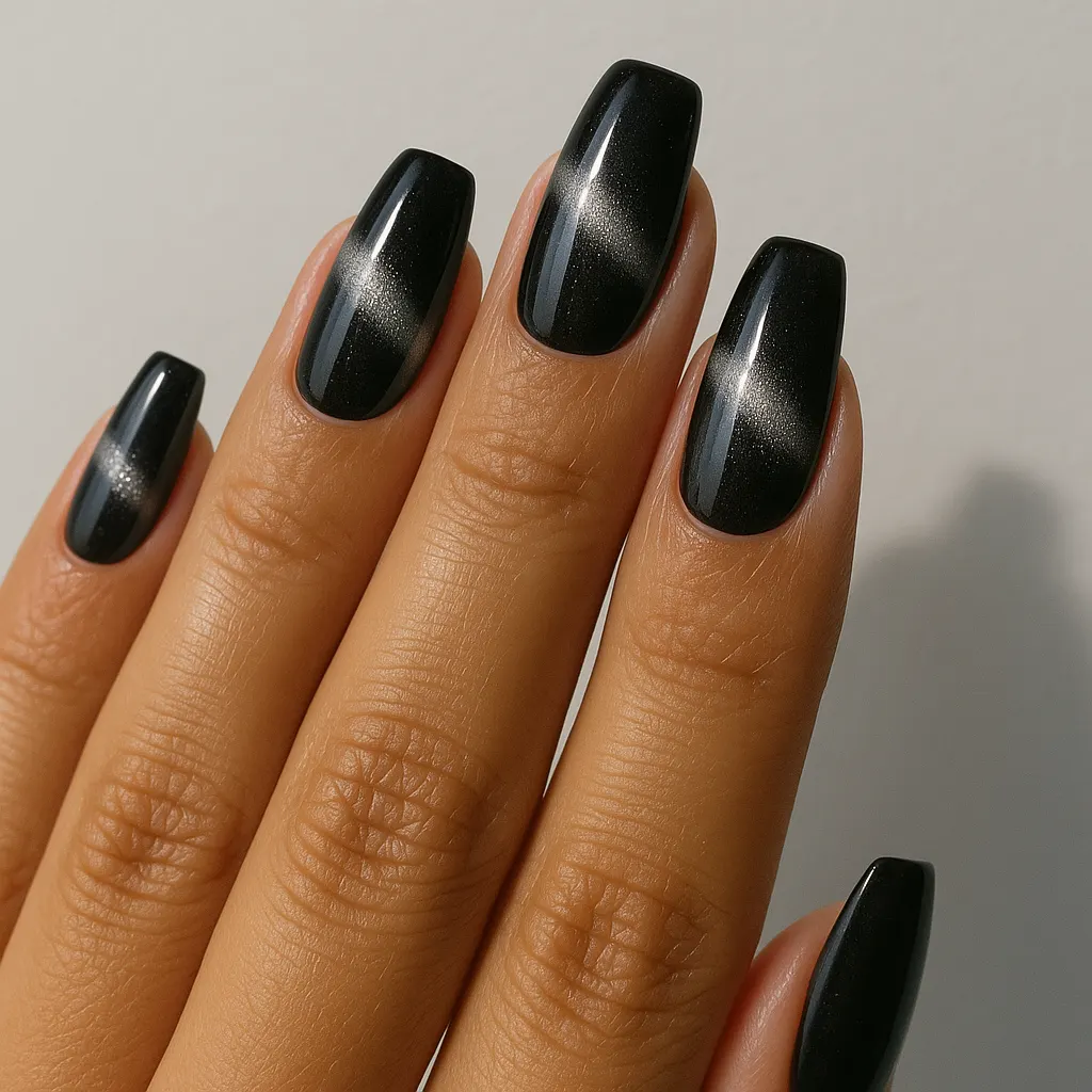 Medium coffin nails in a black cat eye gel with a wide silver band across the middle, on light mestiza skin against a light grey background.