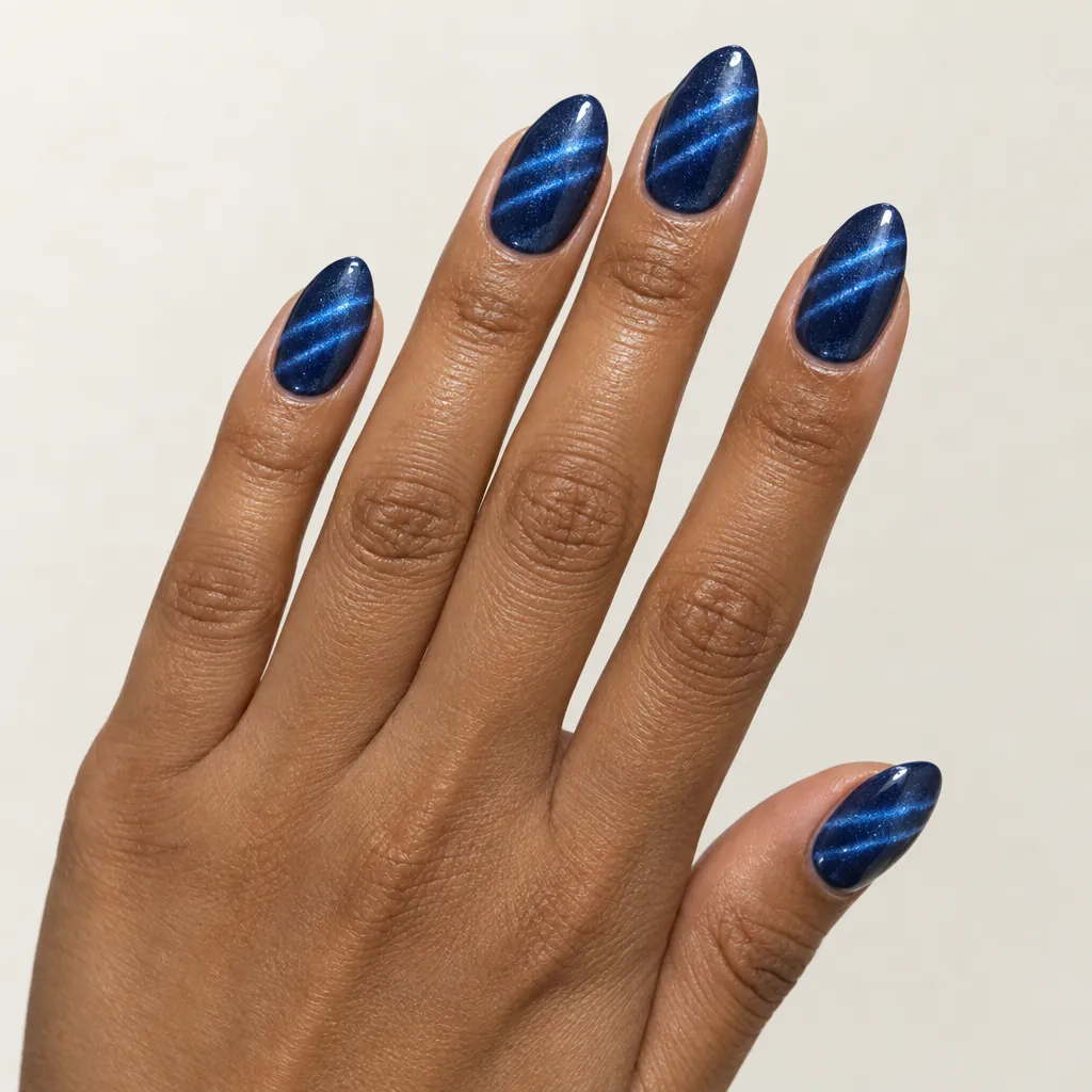 Medium almond nails in a sapphire blue cat eye gel, each carrying two parallel bands, on warm brown skin.
