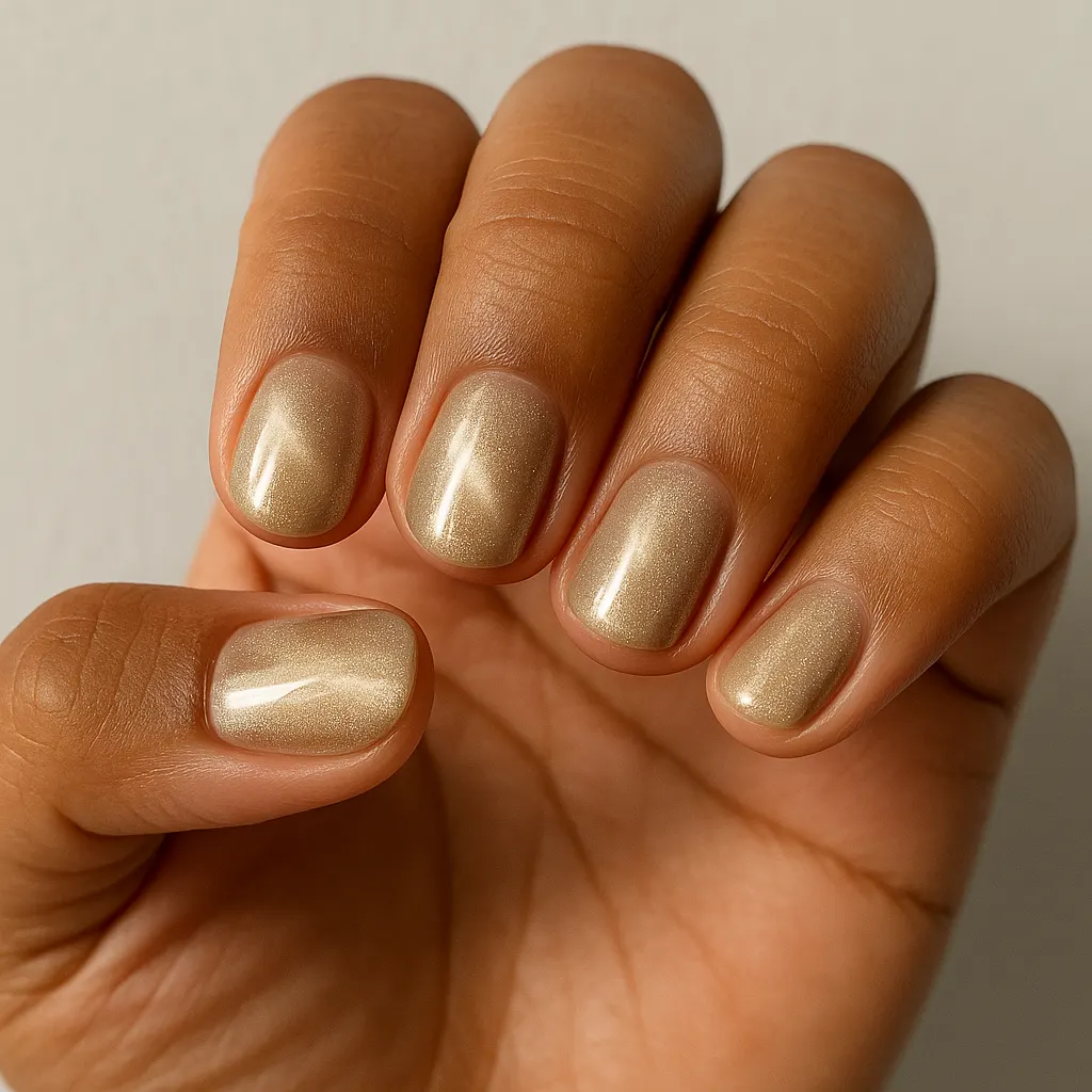 Short round nails in a champagne gold cat eye gel, on warm tan skin against a light grey background.