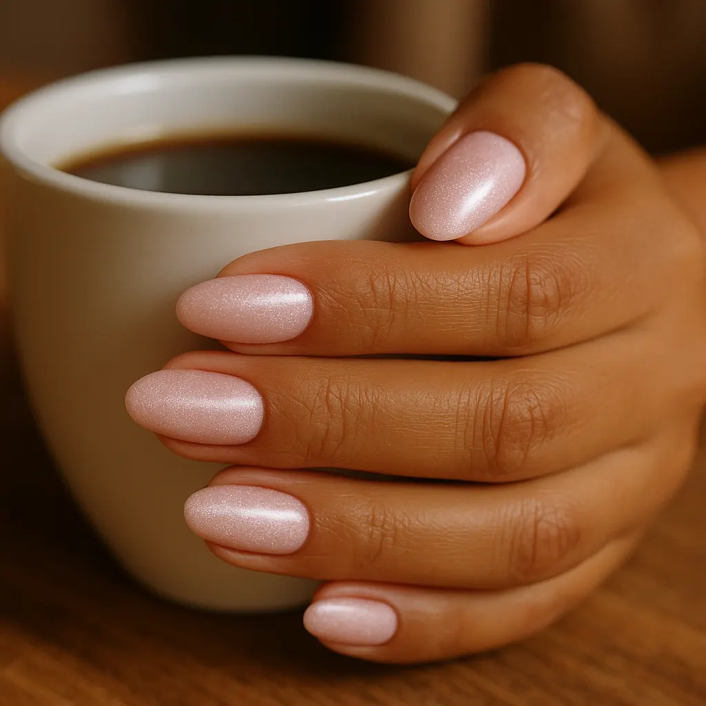 Medium oval nails in a baby pink velvet cat eye with a fine glittery shimmer, on warm tan skin holding a white coffee cup.