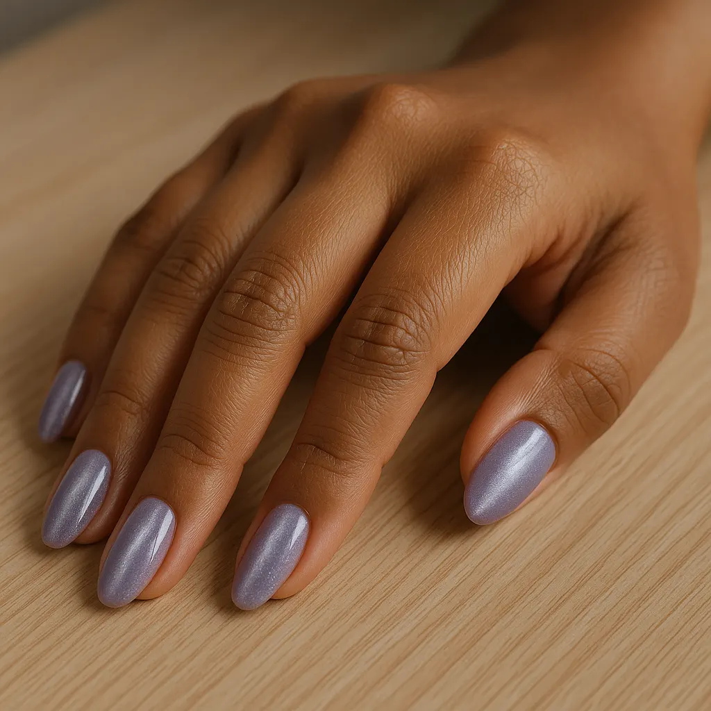 Medium almond nails in a soft lilac cat eye with a silvery light band, on morena skin resting on a light oak table.