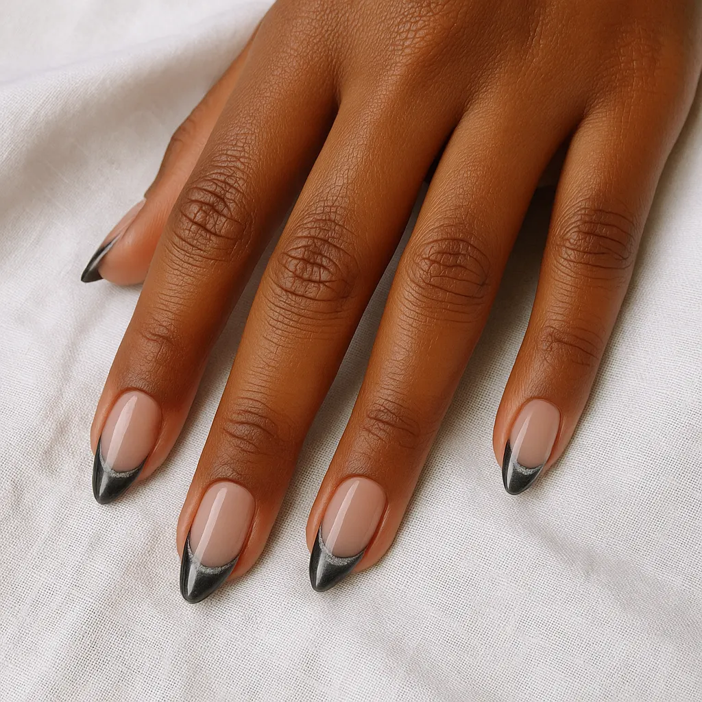 Medium almond nails with a sheer pink base and dark charcoal cat eye tips with a silver shimmer line, on deep brown kayumanggi skin over white linen.