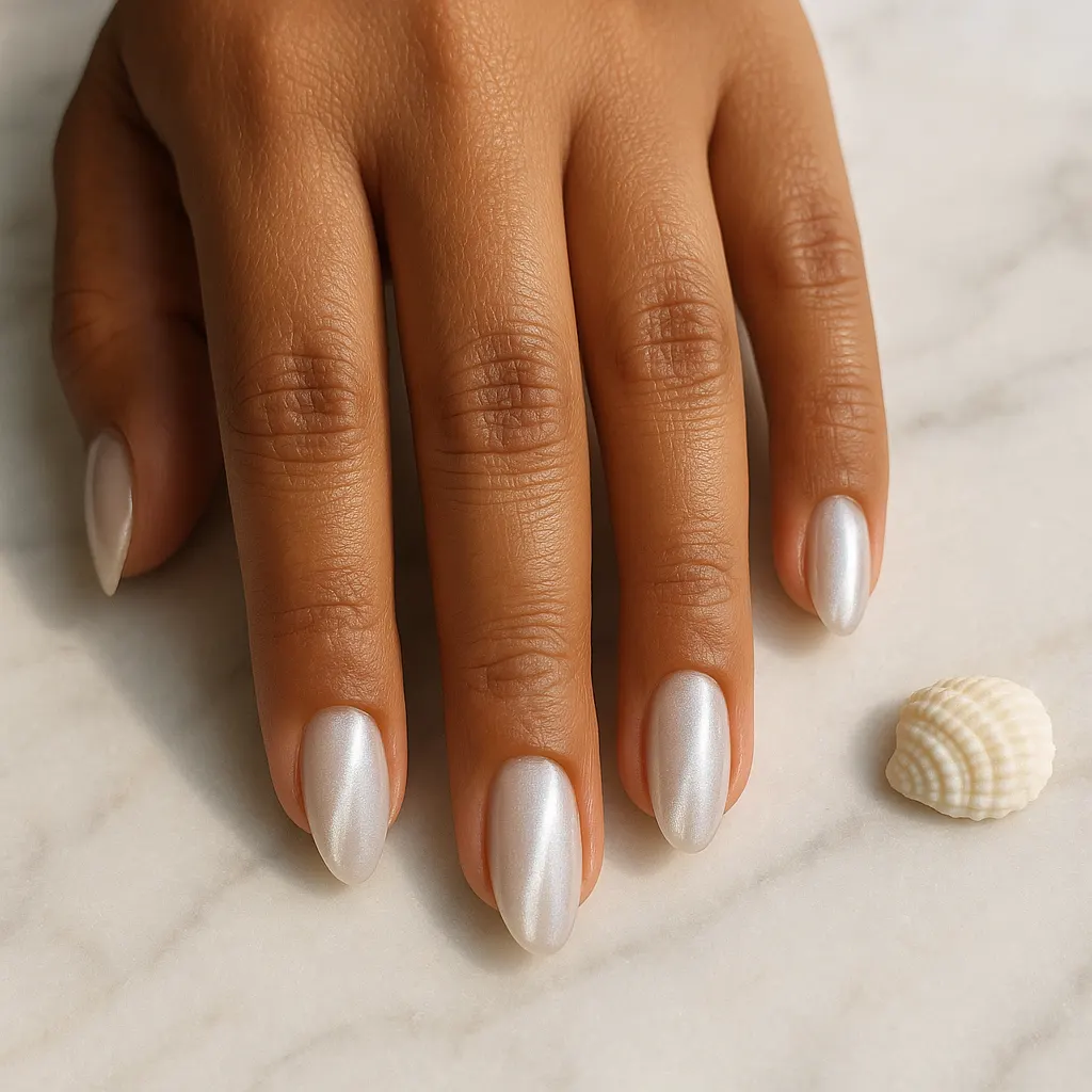 Medium almond nails in a milky white pearl cat eye with a soft silvery light band, on warm tan skin over white marble beside a small seashell.