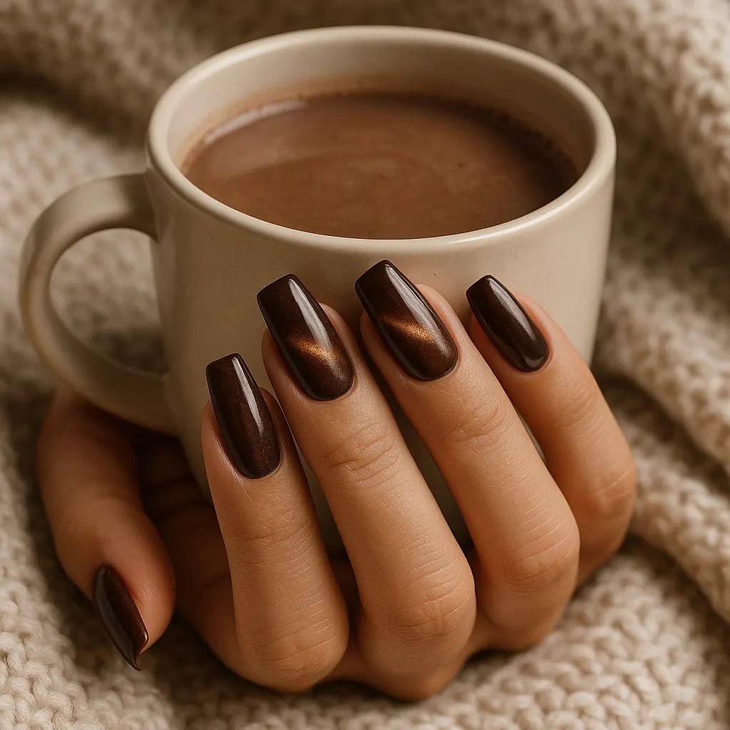 Medium coffin nails in a chocolate brown cat eye with a warm bronze light band, on light tan skin holding a mug of hot chocolate.