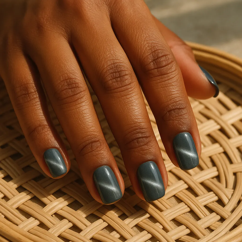 Short square nails in a slate grey blue cat eye with a crisp silver light band, on deep brown kayumanggi skin over a rattan tray.