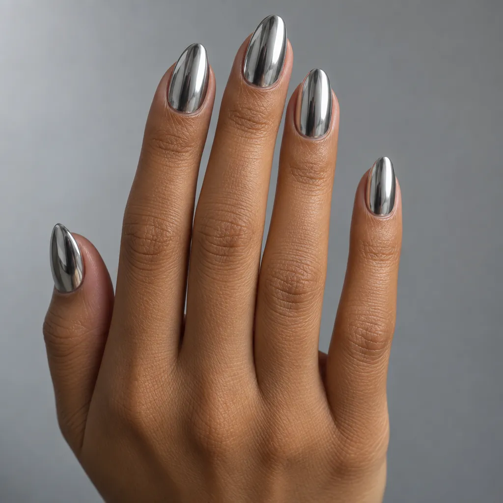 Medium almond nails in a mirror silver chrome, on warm brown skin.