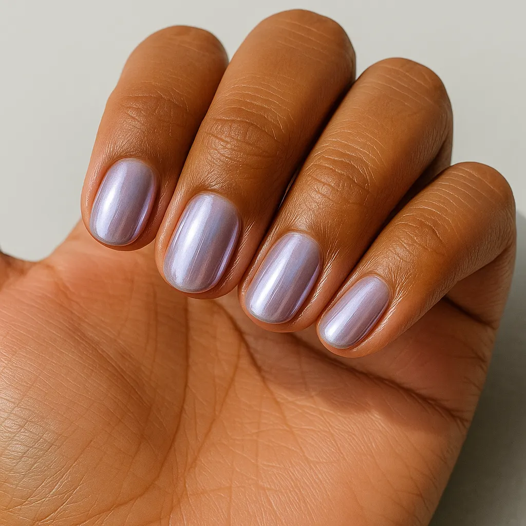 Short round nails in a pale lavender chrome, on kayumanggi skin against a light grey background.