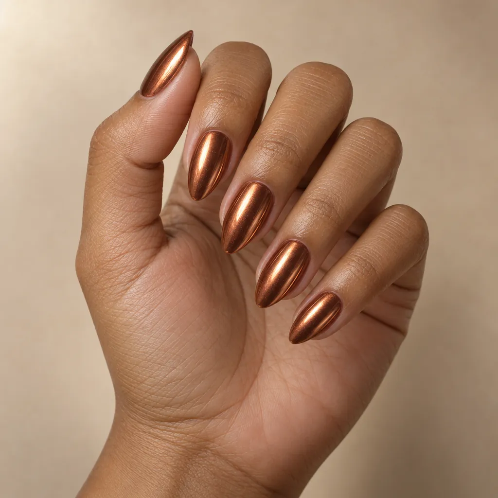 Medium almond nails in a warm copper bronze chrome, on medium brown skin.