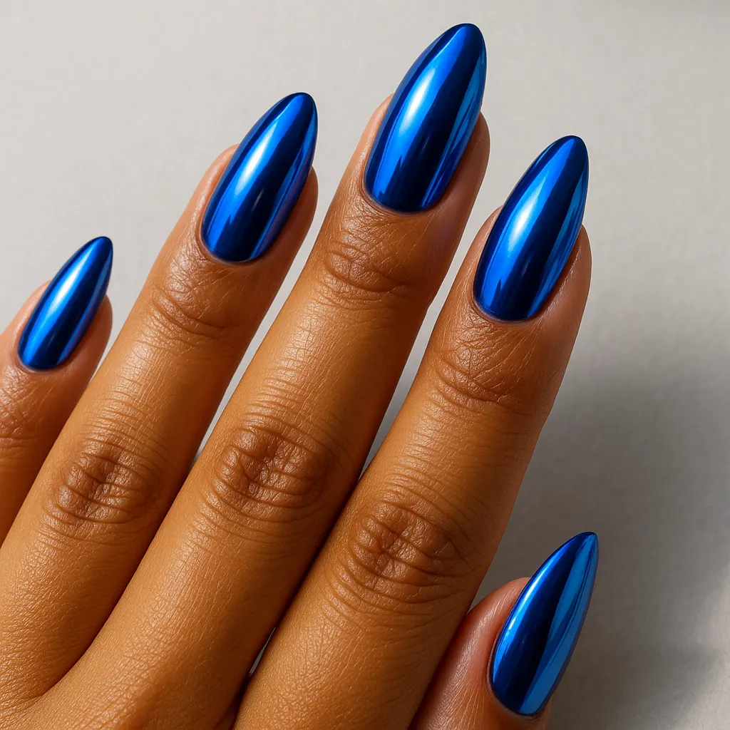 Long almond nails in a vivid cobalt blue chrome, on kayumanggi skin against a light grey background.