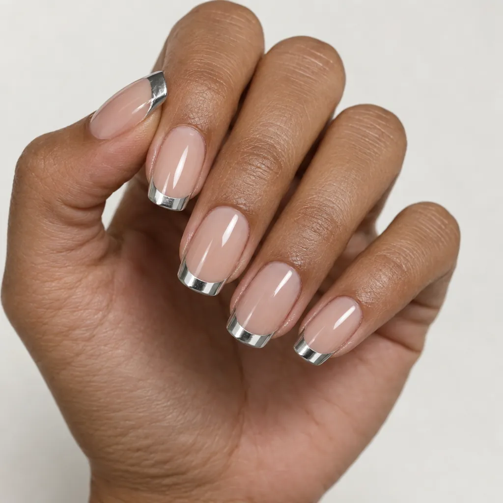 Medium square nails with a sheer nude base and a mirror silver chrome tip, on tan brown skin.
