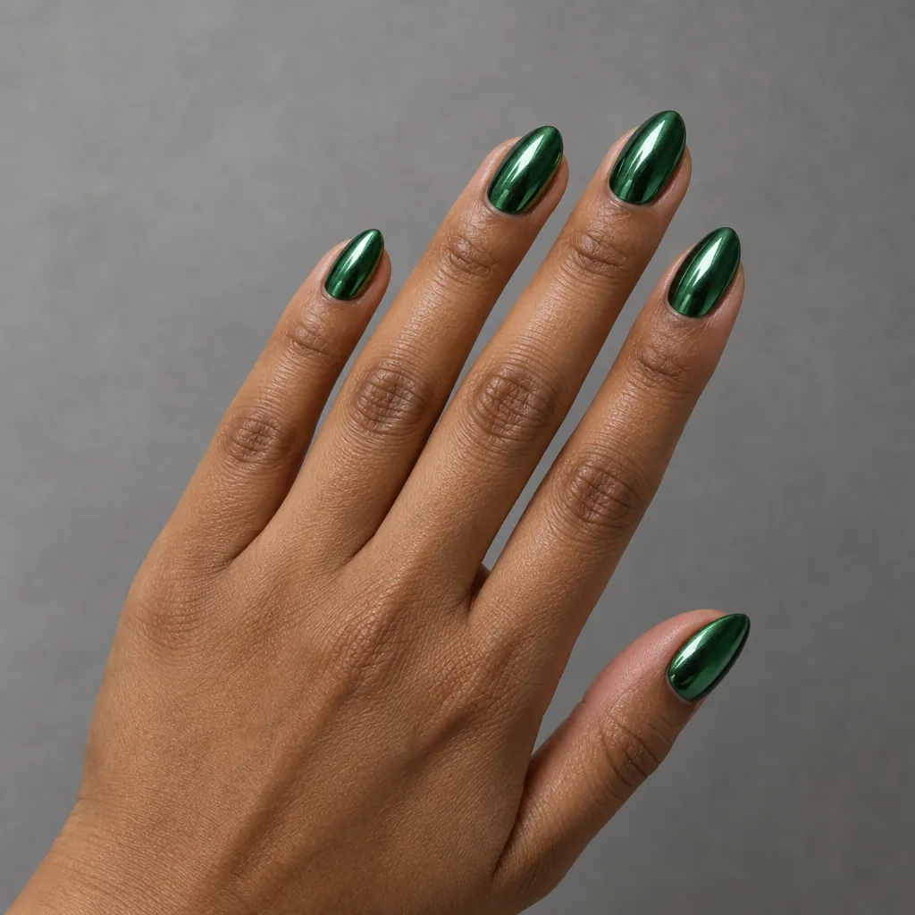 Short almond nails in a deep emerald green chrome, on warm brown skin.