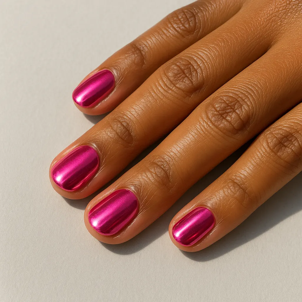 Short round nails in a bright pink chrome, on kayumanggi skin against a light grey background.