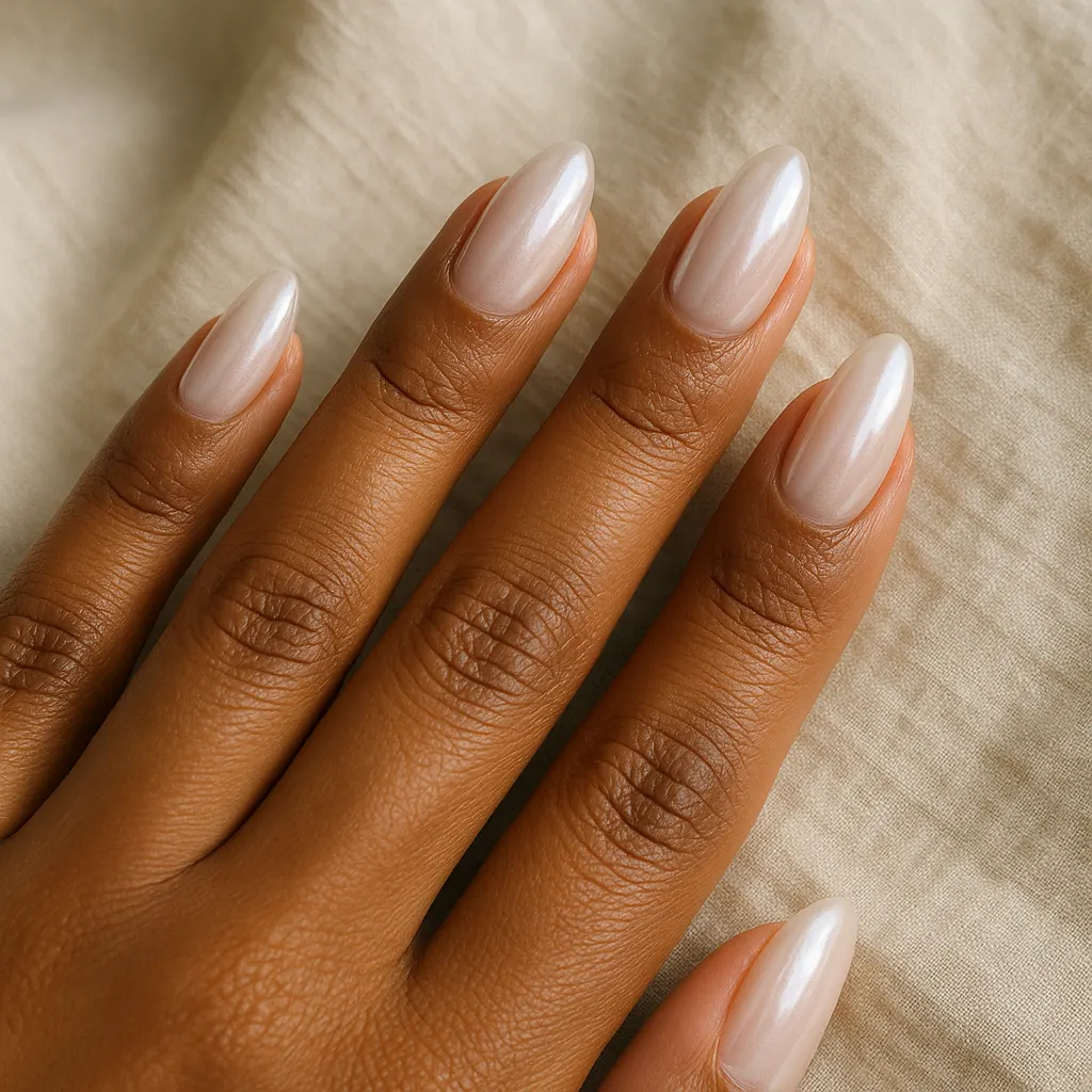Medium almond nails in milky nude with a pearly white chrome glaze, on morena skin on cream linen.
